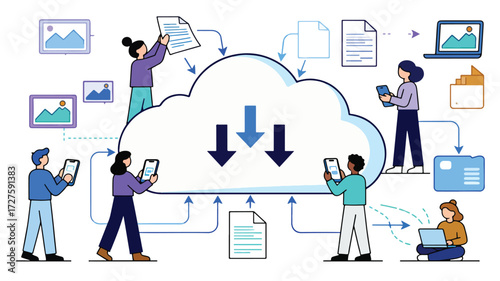 Flat Vector Cloud Computing Illustration with People Uploading and Downloading Files