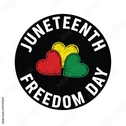 Vector art of juneteenth freedom day emblem featuring red, yellow, and green hearts within a black circle
