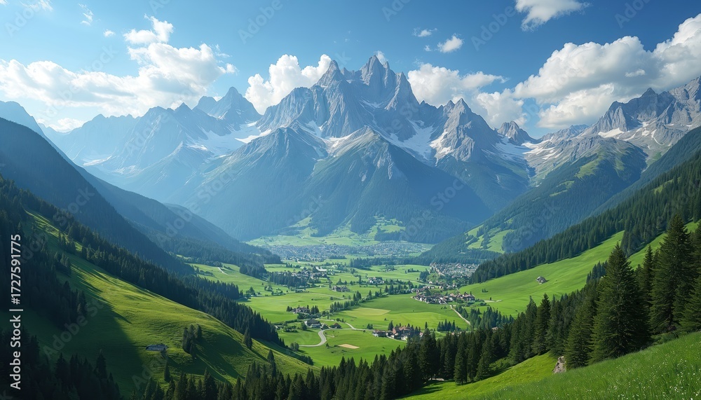 Fototapeta premium Vast mountain valley in summer with green fields, trees and distant snowy peaks under a blue sky with clouds. Small village nestles in the green landscape, travel destination.