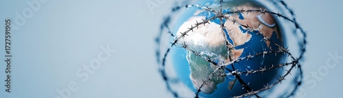 World Globe Entrapped by Barbed Wire A Concept of Limited Freedom ,Conflict ,Boundaries