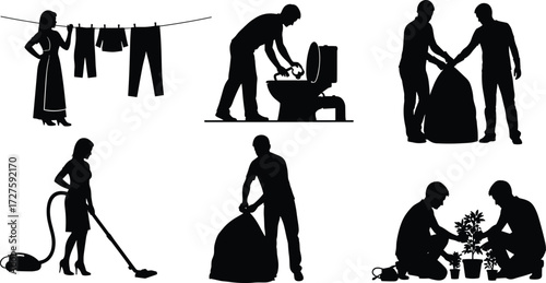 Household chore silhouettes, domestic task vector set, teamwork icons, black outline style, cleaning, gardening, laundry, trash disposal, minimal design