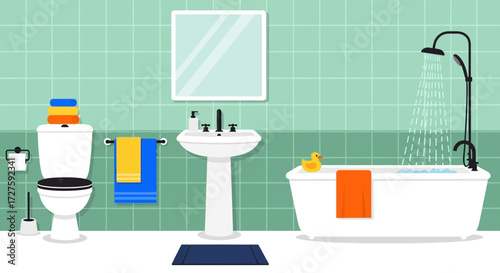 A modern bathroom interior featuring a white toilet, a pedestal sink, and a bathtub with a shower running, complemented by colorful towels and a rubber duck