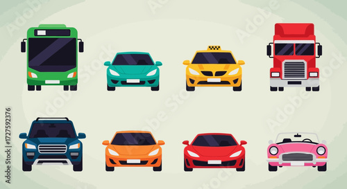 A vibrant collection of diverse vehicles, including a bus, cars, a taxi, an suv, a truck, and a convertible, displayed in a clean, illustrative style