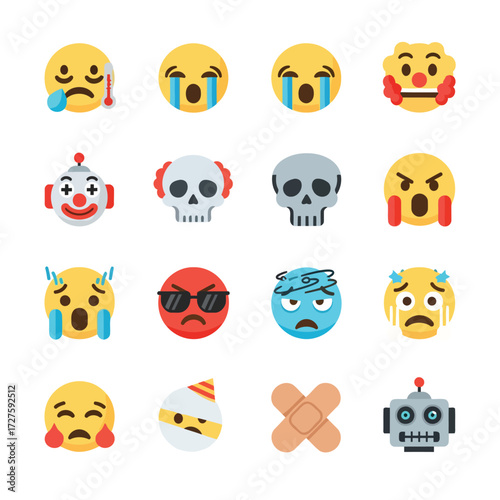 Vector art of collection of diverse emoji icons expressing various emotions, reactions, and moods for digital communication and expression