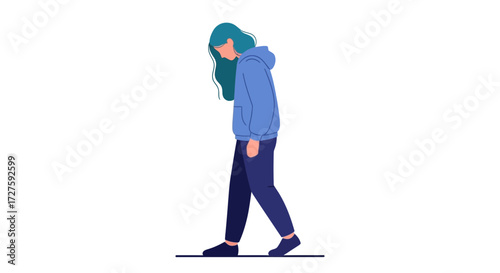 A young woman with teal hair wearing a blue hoodie and dark pants walks with her head down, isolated on white background
