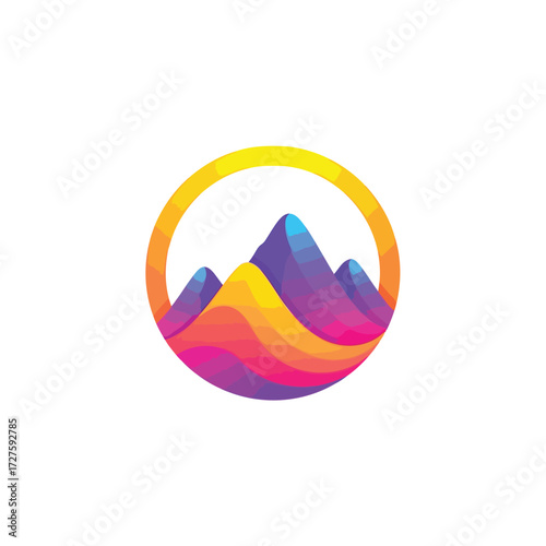 Vector art of colorful mountain peaks within a circle, representing nature, adventure, and exploration in a vibrant and modern logo design