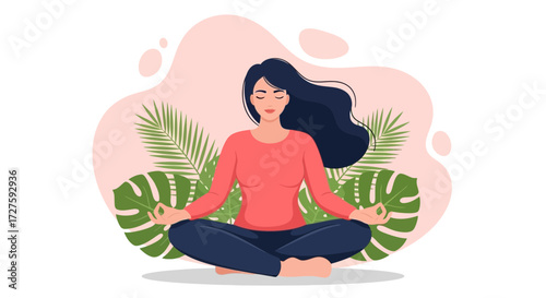 A serene woman with dark hair meditates in a lotus pose, surrounded by lush green tropical leaves and abstract pink shapes, embodying peace and mindfulness