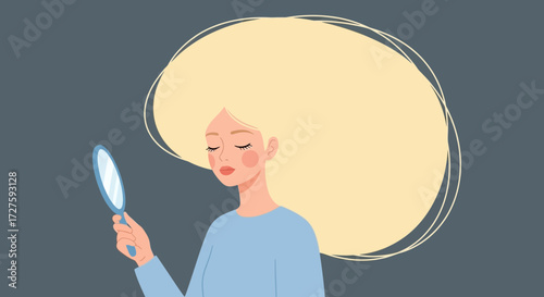A young woman with voluminous blonde hair gazes into a handheld mirror, her eyes closed as she contemplates her reflection
