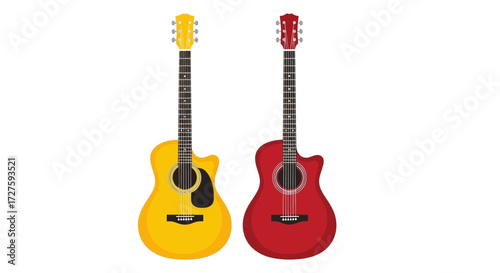 Two acoustic guitars, one red and one yellow, are displayed sidebyside on a plain white background, ready to create beautiful music