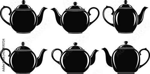 Teapot silhouette vector set, kitchenware icons, black outline style, traditional tea pot shapes, minimal design, beverage container illustration