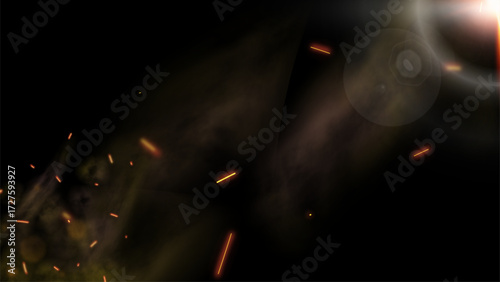 Hot burning fire sparks flying with the wind on a night sky. Glowing fire particles and ashes with bokeh. Bonfire, heat and haze. Bright flame particles and cinder. Wide background.