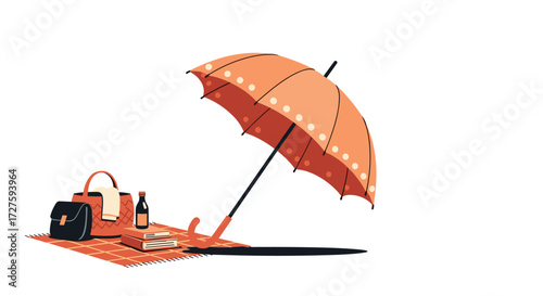 A delightful summer picnic with an umbrella and a basket full of goodies.