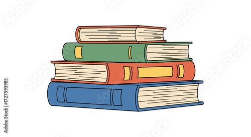 A colorful stack of vintage books with distinct covers.