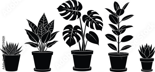 Potted plant silhouette vector set, indoor houseplant icons, black outline style, succulent, Monstera, rubber plant, minimal botanical design