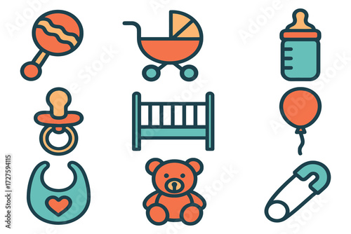 Collection of colorful baby care icons for newborn essentials and nursery items