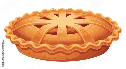 A delicious golden brown latticetop pie, baked to perfection with a flaky crust, presented as a tempting dessert isolated on a white background
