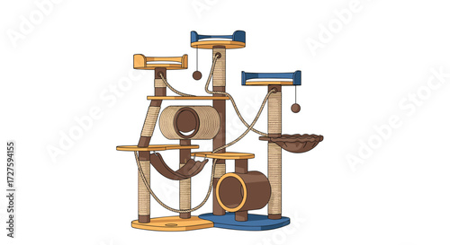 A large multi-level cat tree with various platforms and scratching posts.