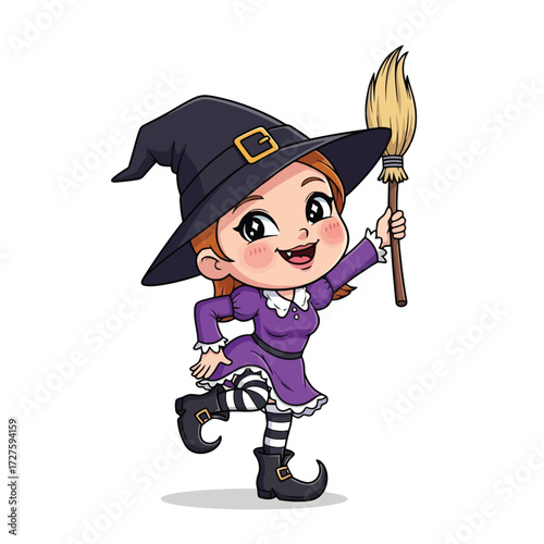 Happy cartoon witch girl with broomstick dancing isolated on white background