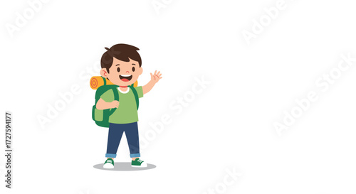 A happy young boy with a backpack waves hello.