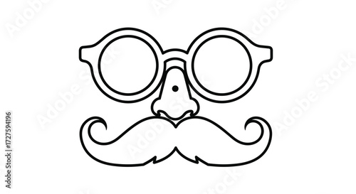 A comical disguise with oversized glasses a prominent nose and a curled mustache.