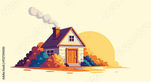 Cozy little house with smoke coming from the chimney.