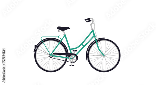 A classic teal step through bicycle for comfortable city rides.