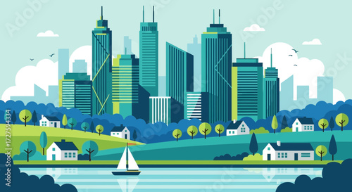 A vibrant cityscape unfolds with modern skyscrapers and charming suburban homes nestled amidst rolling green hills and a tranquil blue river, where a lone sailboat glides peacefully