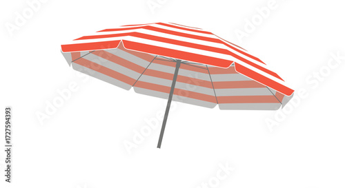 A red and white striped beach umbrella on a white background.