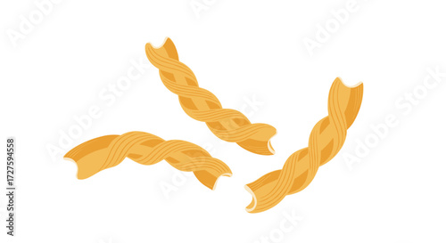 Golden twisted pasta strands floating in the air.