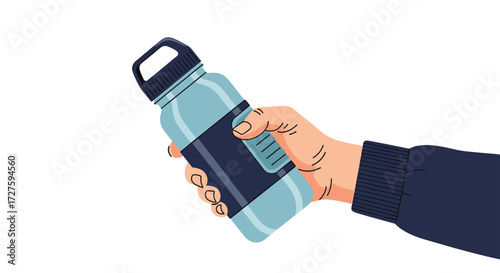A person holding a light blue reusable water bottle in their hand.