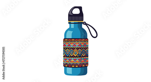 A blue reusable water bottle with a decorative ethnic patterned sleeve and a black loop handle.