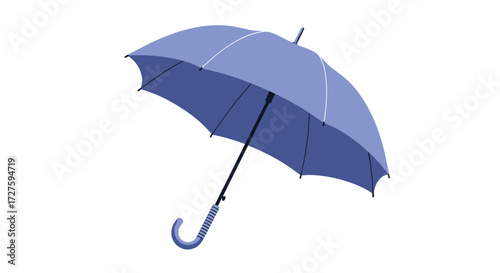 A blue umbrella with a curved handle. 