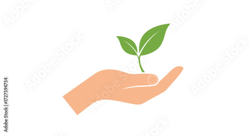 A green sprout grows from a human hand symbolizing environmental care and sustainability.
