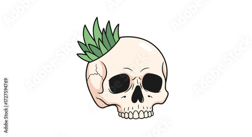 A skull with a plant growing out of it makes for a unique decoration.