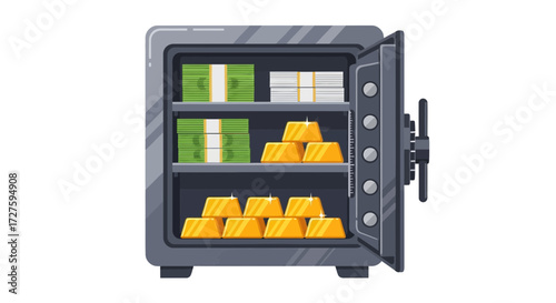 An open safe filled with stacks of cash and gleaming gold bars, symbolizing wealth and security