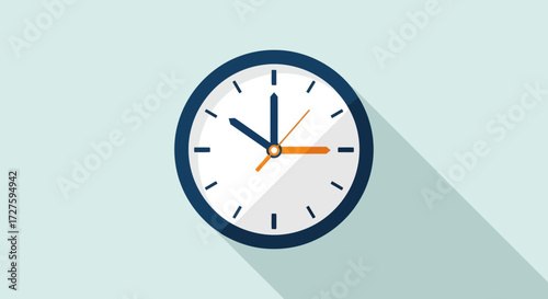 A classic analogue clock with blue casing and white face displays the time with its hour, minute, and second hands casting a long shadow