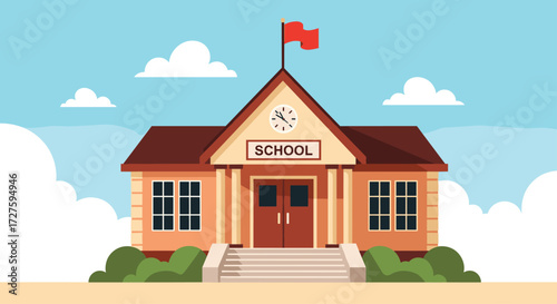 A charming school building stands proudly against a bright blue sky with fluffy white clouds.