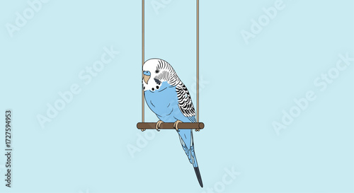 A small blue and white budgie sits on a wooden swing.