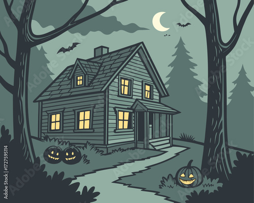 Spooky halloween night scene with a haunted house glowing jack o lanterns bats flying under a crescent moon and silhouetted trees