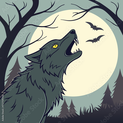 A lone wolf howls at the full moon in a spooky forest with bats flying overhead under a dark eerie night sky