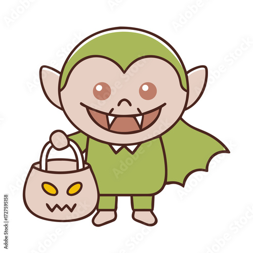 Cute cartoon vampire character with fangs and a green cape holding a jack o lantern trick or treat bag on a black background