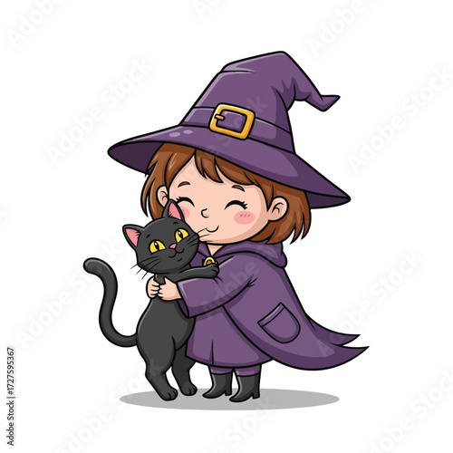 Cute witch girl hugging a black cat