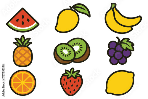 Collection of nine colorful cartoon fruits arranged in a grid on white background