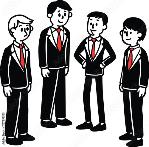 Four diverse young businessmen in matching black suits and red ties standing together in a casual meeting or discussion