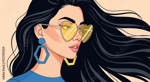 A stylish woman with flowing dark hair and heartshaped sunglasses, exuding confidence and modern fashion