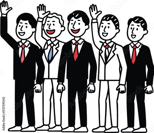 A diverse group of five smiling business professionals in suits and ties waving enthusiastically as a team