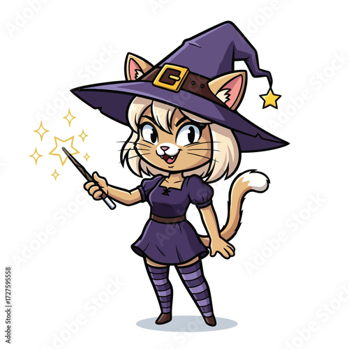 Cute cat witch with magic wand and stars isolated on white background