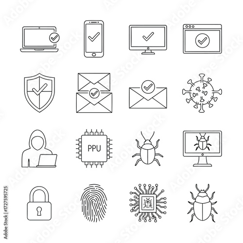 Vector art of cybersecurity icons depict digital protection, threat detection, and data security measures in a modern, minimalist design