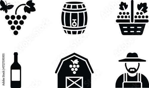 Wine making process vector icons set vineyard barrel grapes bottle and farmer
