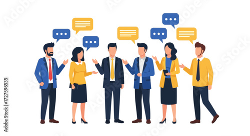A diverse group of professionals engage in a lively discussion, with speech bubbles indicating active communication and idea exchange during a business meeting